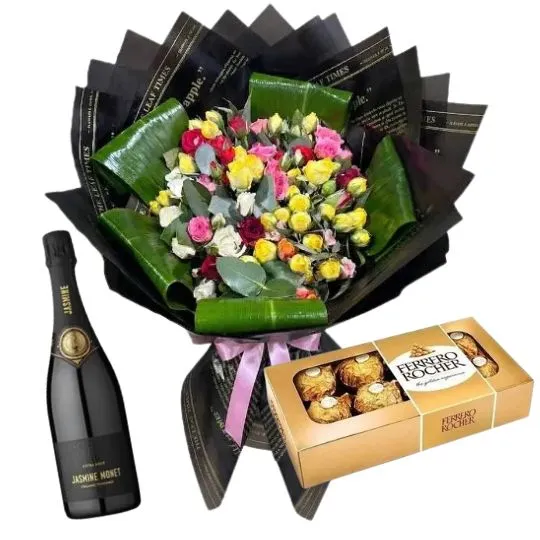 Ramo de rosas spray rocher x8 y espumante